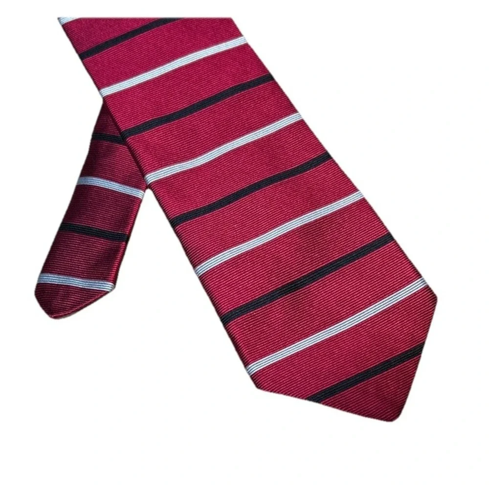 Brooks Brothers Makers XL Silk Necktie Red‎ Black Silver Stripe Made In USA